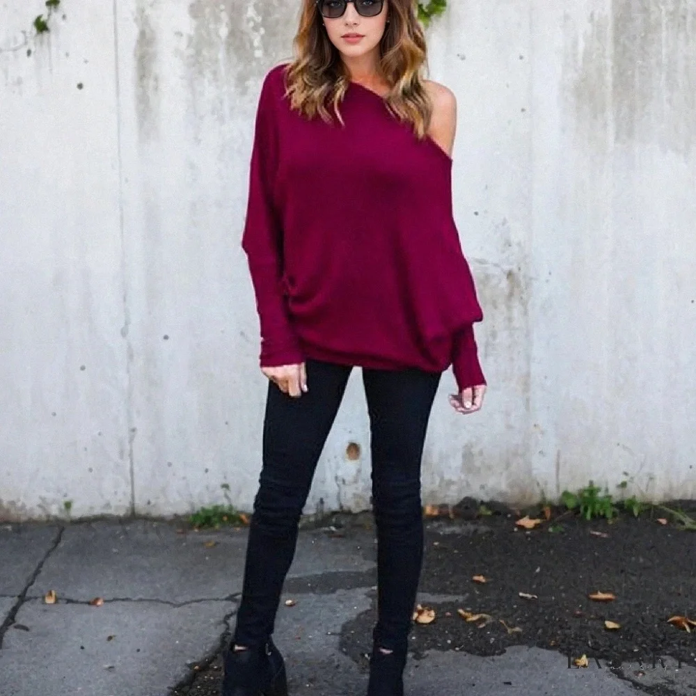 Women's Off-Shoulder Sweater knit loose tops Burgundy